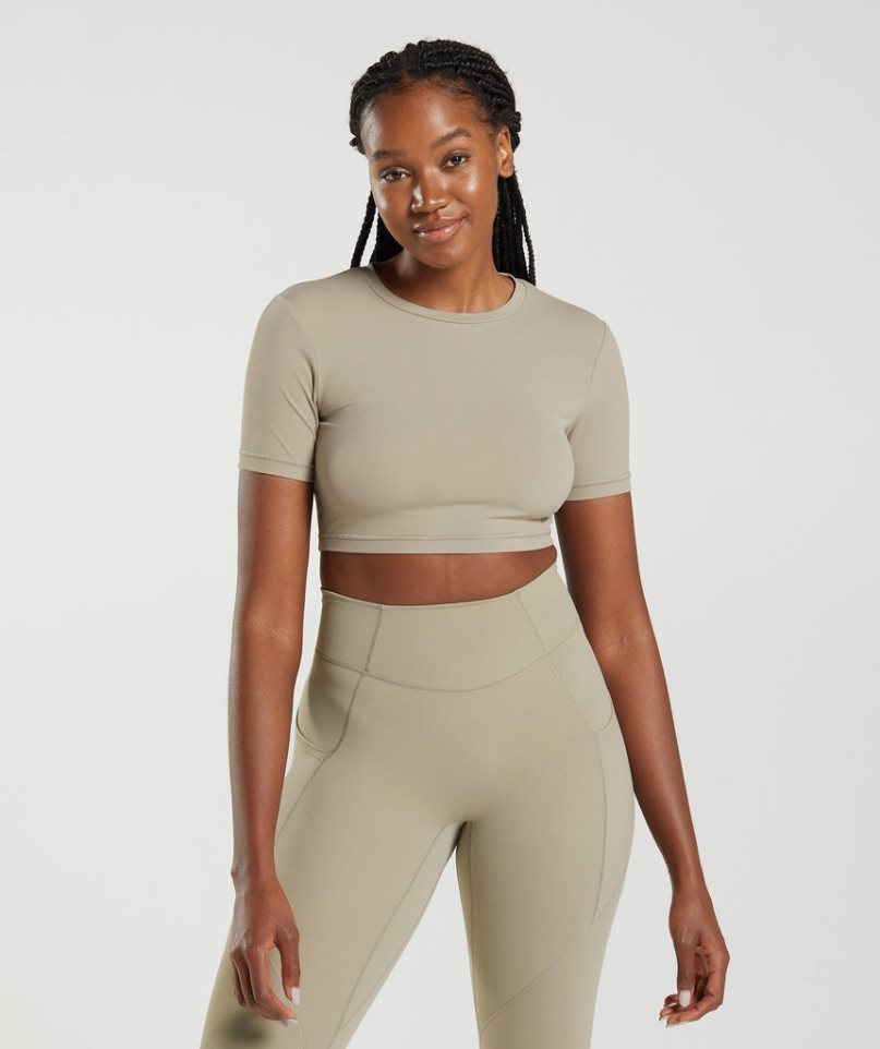 Women\'s Gymshark Whitney Short Sleeve Cropped Tops Khaki | NZ 3CKBHS